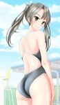  1girl absurdres ass blue_sky breasts brown_eyes clouds competition_swimsuit cowboy_shot from_behind grey_hair grey_swimsuit grin hair_ribbon highres kantai_collection long_hair looking_at_viewer looking_back one-piece_swimsuit ribbon sky small_breasts smile solo swimsuit takafumi twintails white_ribbon zuikaku_(kancolle) 