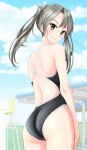  1girl absurdres ass black_swimsuit blue_sky breasts brown_eyes clouds competition_swimsuit cowboy_shot from_behind grey_hair grin hair_ribbon highres kantai_collection long_hair looking_at_viewer looking_back one-piece_swimsuit ribbon sky small_breasts smile solo swimsuit takafumi twintails white_ribbon zuikaku_(kancolle) 