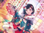 1girl bang_dream! black_hair blush fan flower_hair_ornament hair_flower holding_fan japanese_clothes kimono looking_at_viewer mitake_ran official_art open_mouth ornament red_eyes short_hair smile solo