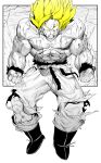  1boy abs absurdres biceps blonde_hair blood boots clenched_hands clenched_teeth dragon_ball dragon_ball_z electricity flying full_body highres male_focus monochrome muscular muscular_male niwarhythm pants pectorals sanpaku solo son_goku super_saiyan teeth torn_clothes torn_pants wide-eyed wristband yellow_eyes yellow_theme 