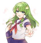  1girl arm_up bag bangs breasts commentary_request eyebrows_visible_through_hair frog_hair_ornament green_eyes green_hair hair_between_eyes hair_ornament hair_tubes hands_up highres kochiya_sanae long_hair looking_to_the_side medium_breasts necono_(nyu6poko) open_mouth petals purple_bag purple_skirt sailor_collar school_uniform shirt short_sleeves simple_background skirt smile snake_hair_ornament solo touhou white_background white_shirt 