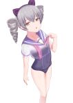  1girl :o absurdres animal_ears bangs blue_swimsuit bronya_zaychik cat_ears drill_hair fake_animal_ears grey_eyes grey_hair headband highres honkai_(series) honkai_impact_3rd looking_at_viewer one-piece_swimsuit sailor_collar school_swimsuit see-through_shirt short_sleeves simple_background solo swimsuit tiankong_pie_ai twin_drills white_background 