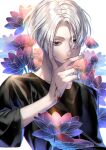  1boy bangs black_eyes black_shirt blood blood_on_hands closed_mouth empty_eyes flower hair_between_eyes hand_up highres long_sleeves looking_at_viewer male_focus sano_manjirou shirt short_hair solo tokyo_revengers tsurime twitter_username upper_body uwzm21 white_background white_hair 