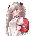  1girl anchorage_(azur_lane) azur_lane bag baltimore_(azur_lane) blush breasts brown_hair female gym_uniform highres keychain looking_at_viewer school_uniform short_twintails solo twintails 