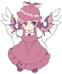  1girl animal_ears bangs brown_dress brown_headwear character_name clothes_writing cowboy_shot cropped_legs dress eyebrows_visible_through_hair feathered_wings grey_eyes hat ini_(inunabe00) long_sleeves medium_hair mystia_lorelei pink_hair shirt simple_background solo touhou white_background white_shirt winged_hat wings 