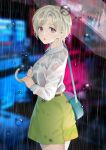  1girl blonde_hair blue_bag blue_eyes blurry blurry_background carrying_bag collared_shirt commentary_request depth_of_field eyebrows_visible_through_hair from_side green_shorts highres holding holding_umbrella kitazawa_(embers) long_sleeves looking_to_the_side night original rain see-through shirt shirt_tucked_in short_hair shorts solo standing transparent transparent_umbrella umbrella wet wet_clothes white_shirt 