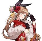  1girl aqua_eyes bangs black_gloves blonde_hair clarisse_(granblue_fantasy) eyebrows_visible_through_hair flower fur-trimmed_kimono fur_trim gloves granblue_fantasy hair_flower hair_ornament hair_ribbon happy_new_year highres japanese_clothes kimono long_hair looking_at_viewer new_year one_eye_closed open_mouth ponytail remora180 ribbon simple_background smile solo upper_body v white_background 