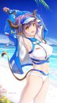  1girl :d animal_ears arknights armpits arms_up artist_name bangs bare_shoulders beach bikini black_gloves blue_jacket blue_sky breasts clouds commentary_request cowboy_shot day eyebrows_visible_through_hair fingerless_gloves gloves highres horns jacket large_breasts long_sleeves looking_at_viewer navel ocean off_shoulder outdoors partial_commentary purple_hair short_hair sideroca_(arknights) sideroca_(light_breeze)_(arknights) sky smile solo standing stomach swimsuit tail thighs twitter_username visor_cap water white_bikini yellow_eyes yokaze_(yokajie) 
