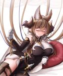  absurdres animal_ears bangs blush breasts brown_hair closed_eyes detached_sleeves extra_ears frilled_sleeves frills galleon_(granblue_fantasy) gloves granblue_fantasy highres horns lan777 large_breasts long_hair lying multicolored_hair on_bed on_side pillow pointy_ears sideboob smile streaked_hair thigh_strap very_long_hair white_gloves 
