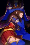  2girls bangs blue_gloves blue_legwear blush breasts brown_dress brown_hair commentary dress dual_persona echo_(circa) elbow_gloves fate/grand_order fate_(series) forehead gloves large_breasts leonardo_da_vinci_(fate) long_hair multiple_girls parted_bangs puff_and_slash_sleeves puffy_short_sleeves puffy_sleeves red_skirt short_sleeves skirt sleeping thigh-highs 