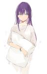  1girl bangs blue_eyes hair_between_eyes long_hair lpip object_hug original pants pillow pillow_hug purple_hair shirt short_sleeves solo white_background white_pants white_shirt 