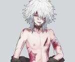 1boy bandage_over_one_eye bandaged_arm bandages bangs bare_shoulders blood blood_from_mouth broken broken_chain chain collar collarbone commentary_request danganronpa_(series) danganronpa_2:_goodbye_despair fangs gon_(congchuabuoito) green_jacket grey_background highres injury jacket komaeda_nagito male_focus medium_hair messy_hair metal_collar open_mouth revision simple_background solo undressing white_hair 