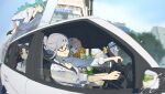  5girls :d :o ahoge bangs black_eyes black_hair blue_eyes blurry blurry_background car city closed_mouth collarbone collared_shirt day driving flying glasses green_hair grey_hair ground_vehicle hair_between_eyes highres kobayashi_gen long_hair looking_at_another motor_vehicle multiple_girls open_mouth orange_hair outdoors parted_bangs parted_lips pink_hair pink_skirt red_eyes selfie shirt signature skirt smile sweatdrop wavy_mouth white_shirt 