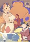  1girl 2boys :d ^_^ absurdres apron backwards_hat baseball_cap character_request closed_eyes doodlerush french_commentary hat highres hood hoodie multiple_boys one_eye_closed pokemon pokemon_(creature) rattata red_hoodie sanpaku smile snorlax typhlosion watch watch waving white_apron wide-eyed 