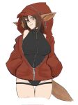  1girl animal_ears arknights black_swimsuit blush breasts bright_pupils brown_eyes brown_hair casual_one-piece_swimsuit closed_mouth commentary cosplay cowboy_shot cropped_legs dokonjou_(odossan) ears_through_headwear english_commentary fox_ears fox_girl fox_tail hands_in_pockets hood hood_up hooded_jacket jacket large_breasts long_sleeves looking_at_viewer one-piece_swimsuit partially_unzipped perfumer_(arknights) projekt_red_(arknights) projekt_red_(light_breeze)_(arknights) projekt_red_(light_breeze)_(arknights)_(cosplay) red_jacket short_hair simple_background smile solo swimsuit swimsuit_under_clothes tail thigh_gap thigh_strap white_background zipper_pull_tab 