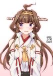  1girl ahoge artist_name brown_hair commentary_request dated detached_sleeves double_bun hairband headgear highres kantai_collection kongou_(kancolle) kongou_kai_ni_(kancolle) long_hair looking_to_the_side one-hour_drawing_challenge owa_(ishtail) popped_collar ribbon-trimmed_sleeves ribbon_trim sideways_glance simple_background solo upper_body violet_eyes white_background 