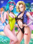  2girls :d ;d absurdres android_18 artist_name bangs beach black_choker black_swimsuit blonde_hair blue_eyes blue_hair blunt_bangs blunt_ends breasts choker collarbone cropped_jacket denim denim_jacket detached_sleeves dragon_ball dragon_ball_(object) dragon_ball_z earrings eyelashes fingernails goggles goggles_on_head grass hand_on_hip highres holding_dragon_ball house jacket jewelry large_breasts logan_cure looking_at_viewer looking_away maron_(dragon_ball) medium_breasts medium_hair mixed-language_commentary multiple_girls navel ocean one-piece_swimsuit one_eye_closed outdoors palm_tree red_ribbon_army shiny_swimsuit short_hair sideboob sleeveless sleeveless_jacket slingshot_swimsuit smile sparkle swimsuit thighs tree wet yellow_swimsuit 