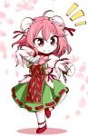  0-den 1girl ahoge bandaged_arm bandages bun_cover chibi cuffs double_bun fighting_stance flower full_body green_skirt highres ibaraki_kasen leaf_print leg_up looking_to_the_side medium_hair notice_lines petals pink_eyes pink_flower pink_hair puffy_short_sleeves puffy_sleeves red_footwear red_ribbon ribbon shackles short_sleeves simple_background skirt solo standing standing_on_one_leg tabard touhou v-shaped_eyebrows white_background 