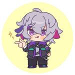  1boy :q ahoge black_jacket black_pants blush_stickers boots chibi closed_mouth cross-laced_footwear full_body fuwa_minato grey_hair grey_shirt hand_up highres jacket kiduta_cielo lace-up_boots long_sleeves looking_at_viewer male_focus multicolored_hair nijisanji open_clothes open_jacket pants purple_footwear purple_hair shirt smile solo sparkle standing streaked_hair tongue tongue_out two-tone_background violet_eyes virtual_youtuber white_background yellow_background 