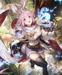  1girl animal_ears blue_eyes braid breasts character_request choker fire fur_trim leg_up liiko looking_at_viewer medium_breasts navel official_art open_mouth pink_hair shadowverse shoes shorts side_braid solo tail thigh-highs 