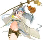  1girl :d arknights arms_up bangs black_shorts blue_hair breasts commentary cowboy_shot crop_top elbow_gloves gloves gourd grey_gloves hair_between_eyes highres holding horns lantern large_breasts ling_(arknights) long_hair looking_at_viewer midriff navel pointy_ears shirt short_shorts shorts shuishitidu simple_background smile solo standing stomach thighs violet_eyes white_background white_shirt 