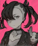  1girl asymmetrical_bangs bangs choker closed_mouth dress earrings greyscale highres jacket jewelry long_hair marnie_(pokemon) monochrome moor morpeko morpeko_(full) pink_background pokemon pokemon_(creature) pokemon_(game) pokemon_swsh portrait simple_background sketch twintails undercut 