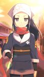  1girl akari_(pokemon) bandana bangs black_hair breasts grey_eyes highres long_hair long_sleeves obi parted_bangs pokemon pokemon_(game) pokemon_legends:_arceus ponytail red_scarf sakura_tsubame sash scarf sidelocks small_breasts white_headwear 