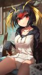  1girl absurdres black_hair blonde_hair blush can collarbone commentary dot_mouth drawstring highres holding holding_can hood hood_down hoodie kemono_friends looking_at_viewer melaton multicolored_hair red_eyes redhead rockhopper_penguin_(kemono_friends) short_hair sitting solo tail 