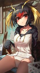  1girl absurdres black_hair blonde_hair blush can collarbone commentary dot_mouth drawstring highres holding holding_can hood hood_down hoodie kemono_friends looking_at_viewer melaton multicolored_hair red_eyes redhead rockhopper_penguin_(kemono_friends) short_hair sitting solo tail 