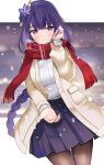  1girl bangs blush braiding_hair genshin_impact hair_ornament hairdressing long_hair looking_at_viewer pantyhose purple_hair purple_nails raiden_shogun ry_thae scarf skirt smile snow snowing sweater violet_eyes winter_clothes 