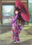  1girl absurdres animal_ear_fluff animal_ears bangs blush brown_footwear brown_hair cat_ears closed_mouth commentary_request day eyebrows_visible_through_hair floral_print furisode highres holding holding_umbrella iroha_(iroha_matsurika) japanese_clothes kimono long_hair long_sleeves looking_at_viewer looking_back mutsuki_(iroha_(iroha_matsurika)) obi oil-paper_umbrella original outdoors print_kimono red_umbrella sash smile socks solo tabi umbrella very_long_hair violet_eyes white_legwear wide_sleeves yagasuri zouri 