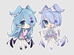  2girls bangs blue_bow blue_eyes blue_hair bow chibi elira_pendora english_commentary fangs fur_trim grey_background grey_kimono grey_overalls hair_over_one_eye head_wings hodusae japanese_clothes kimono multiple_girls nijisanji nijisanji_en off_shoulder official_alternate_costume one_eye_covered open_hands overall_shorts overalls purple_skirt single_thighhigh skirt sleeves_past_fingers sleeves_past_wrists sweater thigh-highs virtual_youtuber white_sweater 
