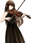  1girl akagi_(kancolle) bangs black_dress brown_eyes brown_hair dress holding holding_instrument instrument kantai_collection long_hair looking_at_viewer official_art scan shibafu_(glock23) simple_background smile solo strapless strapless_dress third-party_source white_background 