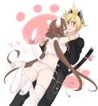  1boy 1girl aerith_gainsborough animal_ears ass blonde_hair blush breasts brown_hair cat_ears cat_tail cloud_strife final_fantasy final_fantasy_vii krudears long_hair open_mouth panties paw_print paw_print_soles smile tail thigh-highs twintails underwear 