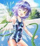  1girl ;d bare_arms bare_shoulders blue_hair blue_swimsuit blush breasts covered_navel fang gochuumon_wa_usagi_desu_ka? jouga_maya looking_at_viewer old_school_swimsuit one-piece_swimsuit one_eye_closed open_mouth pool school_swimsuit short_hair skin_tight small_breasts smile solo swimsuit wet wet_clothes yellow_eyes yu-ka0919 