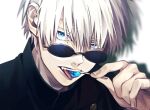  1boy accelerando bangs black_jacket blue_eyes candy food gojou_satoru hair_between_eyes hand_up holding holding_candy holding_food holding_lollipop jacket jujutsu_kaisen lollipop looking_at_viewer male_focus open_mouth portrait round_eyewear short_hair solo sunglasses teeth tongue tongue_out white_background white_hair 