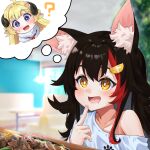  1girl :d ? ahoge animal_ear_fluff animal_ears bangs black_hair blonde_hair blush brown_eyes commentary_request daichi_(daichi_catcat) drooling finger_to_mouth food hair_ornament hairclip highres hololive horns long_hair looking_away mouth_drool multicolored_hair ookami_mio open_mouth redhead sheep_horns shirt single_bare_shoulder smile solo spoken_character streaked_hair sweatdrop thought_bubble tsunomaki_watame violet_eyes virtual_youtuber white_shirt wolf_ears 