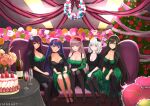  5girls black_hair breasts carmilla_(fate) emaxart fate/apocrypha fate/grand_order fate_(series) group_picture highres large_breasts looking_at_viewer martha_(fate) multiple_girls nightingale purple_hair scathach_(fate) semiramis_(fate) sitting smile valentine white_hair yellow_eyes 