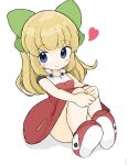  1girl absurdres bangs black_legwear blonde_hair blue_eyes blush_stickers bow breasts closed_mouth commentary_request dress eyebrows_visible_through_hair green_bow hair_bow heart highres knees_up long_hair looking_at_viewer mega_man_(series) red_dress red_footwear roll_(mega_man) rururu_(pyrk8855) shadow shoes short_sleeves sitting small_breasts smile socks solo white_background 