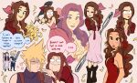  1boy 1girl aerith_gainsborough braid breasts brown_hair chair cloud_strife dress english_commentary final_fantasy final_fantasy_vii folding_chair jodocho lips long_hair pink_dress red_dress turtleneck 