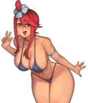  1girl absurdres ass bikini blue_eyes blush breasts flower hair_ornament highres kelvin_hiu leaning_forward looking_at_viewer one_side_up pokemon redhead short_hair_with_long_locks sidelocks skyla_(pokemon) smile solo swimsuit thick_thighs thighs 