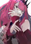  1girl bangs bare_shoulders breasts center_frills detached_collar detached_sleeves dress fairy_knight_tristan_(fate) fangs fate/grand_order fate_(series) frills grey_eyes highres iris_(tb33064667) large_breasts long_hair looking_at_viewer open_mouth pink_hair pointy_ears red_dress sidelocks solo tiara 