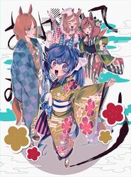  4girls :d @_@ ahoge akeome alternate_hairstyle animal_ears arm_up background_text bangs black_kimono black_ribbon blue_eyes blue_hair brown_hair coffee_cup commentary cup disposable_cup double_bun ear_covers ear_ornament egasumi eyebrows_visible_through_hair floral_print flower fur_scarf furisode green_kimono hair_flower hair_ornament hair_ribbon haori happy_new_year hat heterochromia highres holding holding_cup horse_ears horse_girl horse_tail ikuno_dictus_(umamusume) japanese_clothes kimono long_hair long_sleeves looking_at_viewer looking_back matikane_tannhauser_(umamusume) mayana_(bbpp) medium_hair multiple_girls new_year nice_nature_(umamusume) obi open_mouth ponytail print_kimono red_kimono ribbon sash sharp_teeth smile standing striped striped_kimono swept_bangs tail teeth tiles translated twin_turbo_(umamusume) twintails umamusume v violet_eyes white_headwear white_ribbon wide_sleeves 