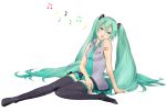  arm_support blue_eyes green_hair hatsune_miku legs long_hair musical_note sage_sage simple_background sitting skirt solo thigh-highs thighhighs twintails very_long_hair vocaloid 