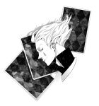  card card_background cards grey_card grey_eyes hisoka hisoka_(hunter_x_hunter) hunter_x_hunter kmgk looking_back male monochrome playing_card playing_cards profile solo tattoo white_hair 