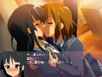  black_hair blazer blush brown_hair game_cg guitar_case hime_cut hirasawa_yui instrument_case k-on! kiss long_hair oyu_no_kaori school_uniform sweatdrop translated visual_novel yuri 