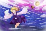 bad_id closed_eyes cloud clouds dress full_moon hair_ribbon hat hibari_(artist) moon moriya_suwako pyonta ribbon star touhou 