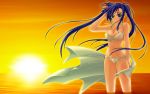  akimoto_dai bikini blue_eyes blue_hair blush long_hair ocean original side-tie_bikini sunset swimsuit white_bikini 