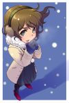  blue_eyes brown_hair coat cold earmuffs from_above mittens null_(chronix) original pantyhose short_hair snow solo 