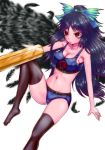  bikini black_hair black_thighhighs bow breasts cleavage hair_bow kakkodan large_breasts long_hair red_eyes reiuji_utsuho sitting solo swimsuit thigh-highs touhou wings 